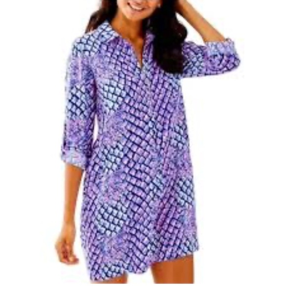 Lilly Pulitzer Lilith Collar Shirt Dress Medium Blue Pink Pineapple Prin… - Picture 1 of 7
